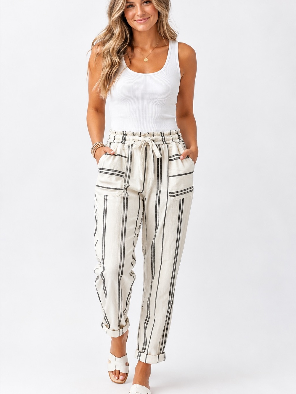 Sincerely Jules Cream Black Striped Linen Blend Paperbag Waist Pants
